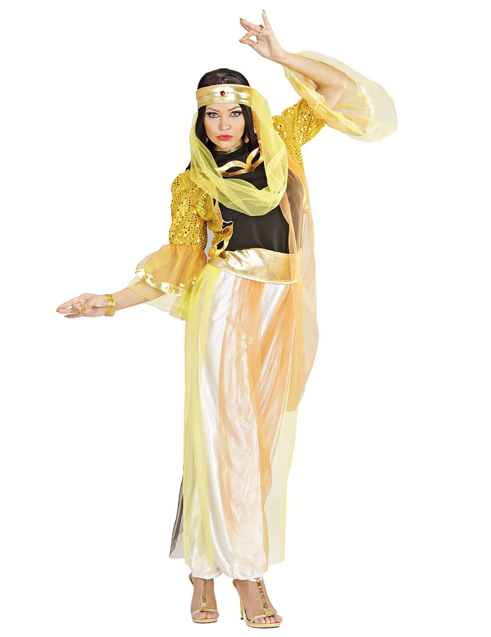 Déguisement danseuse orientale à voilage pour femme jaune et or