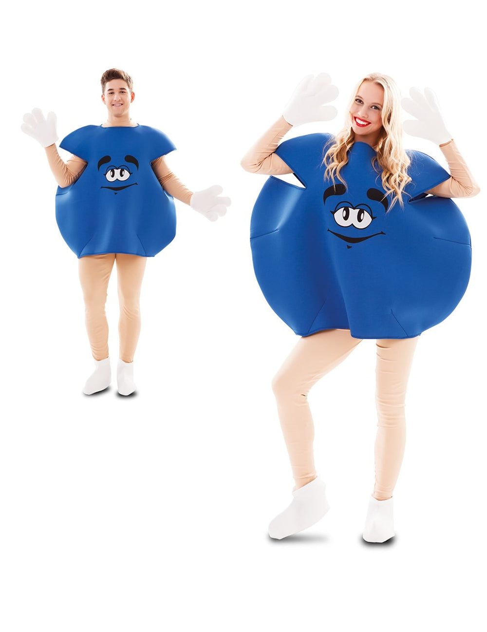 Vue d'ensemble homme et femme du déguisement de bonbon pour adulte bleu