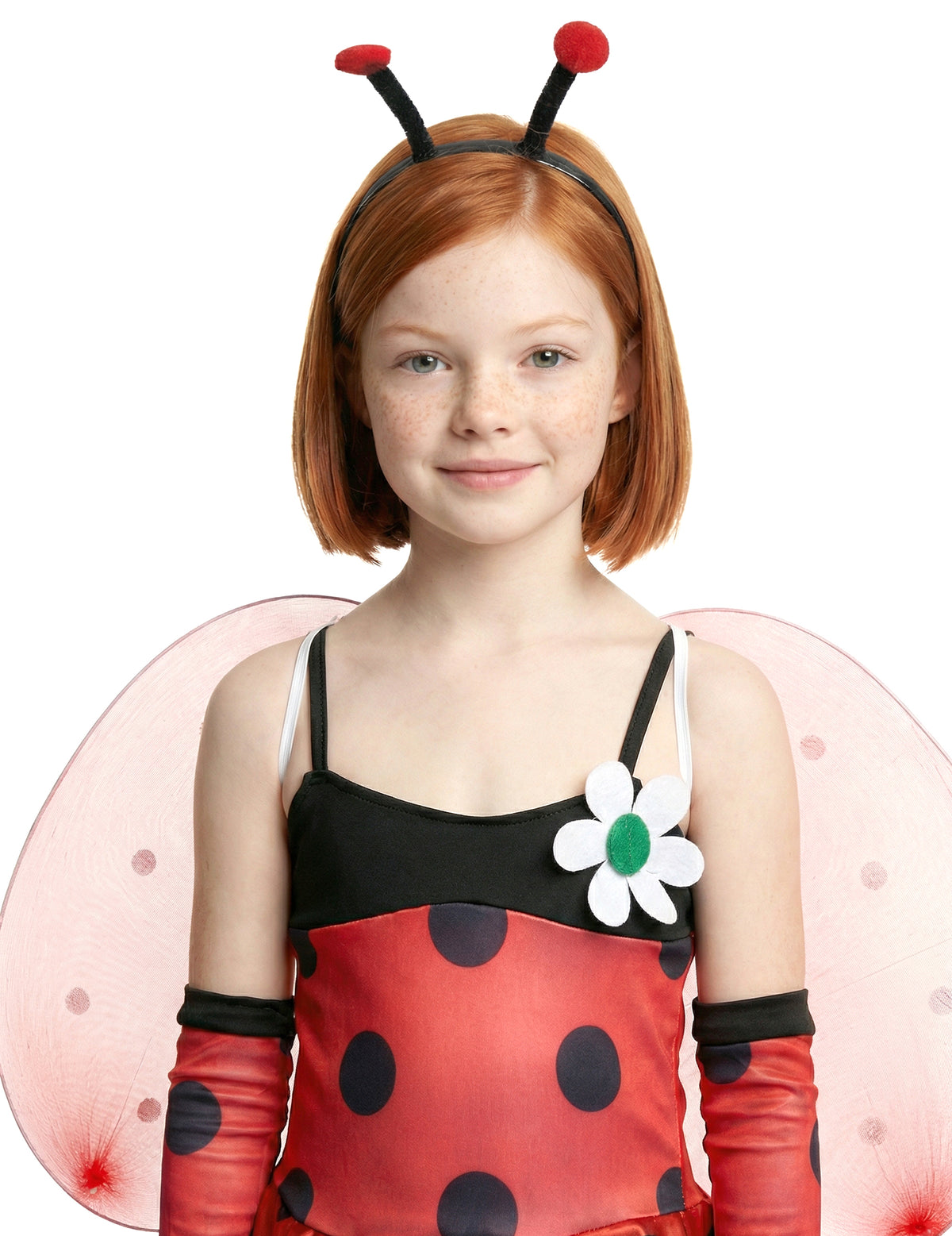 Gros plan sur le serre-tête et le buste du déguisement de coccinelle pour fille