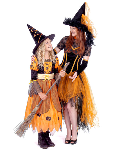Narancssárga boszorkány jelmez duó anya és lánya Halloween