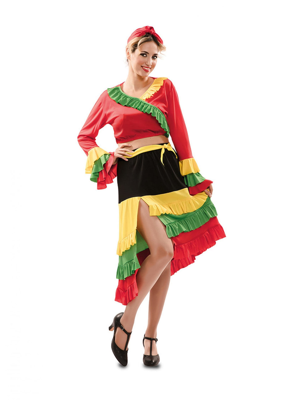 Déguisement de danseuse de rumba pour femme rouge jaune vert et noir à volants