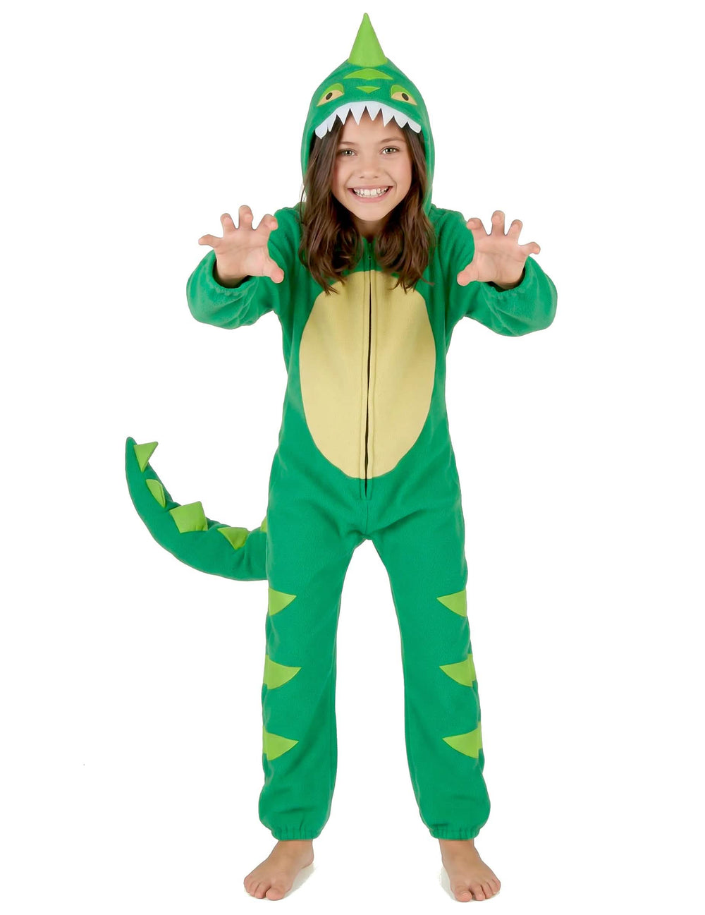 Elölnézet kapucnival a gyermek dinoszaurusz jelmezről