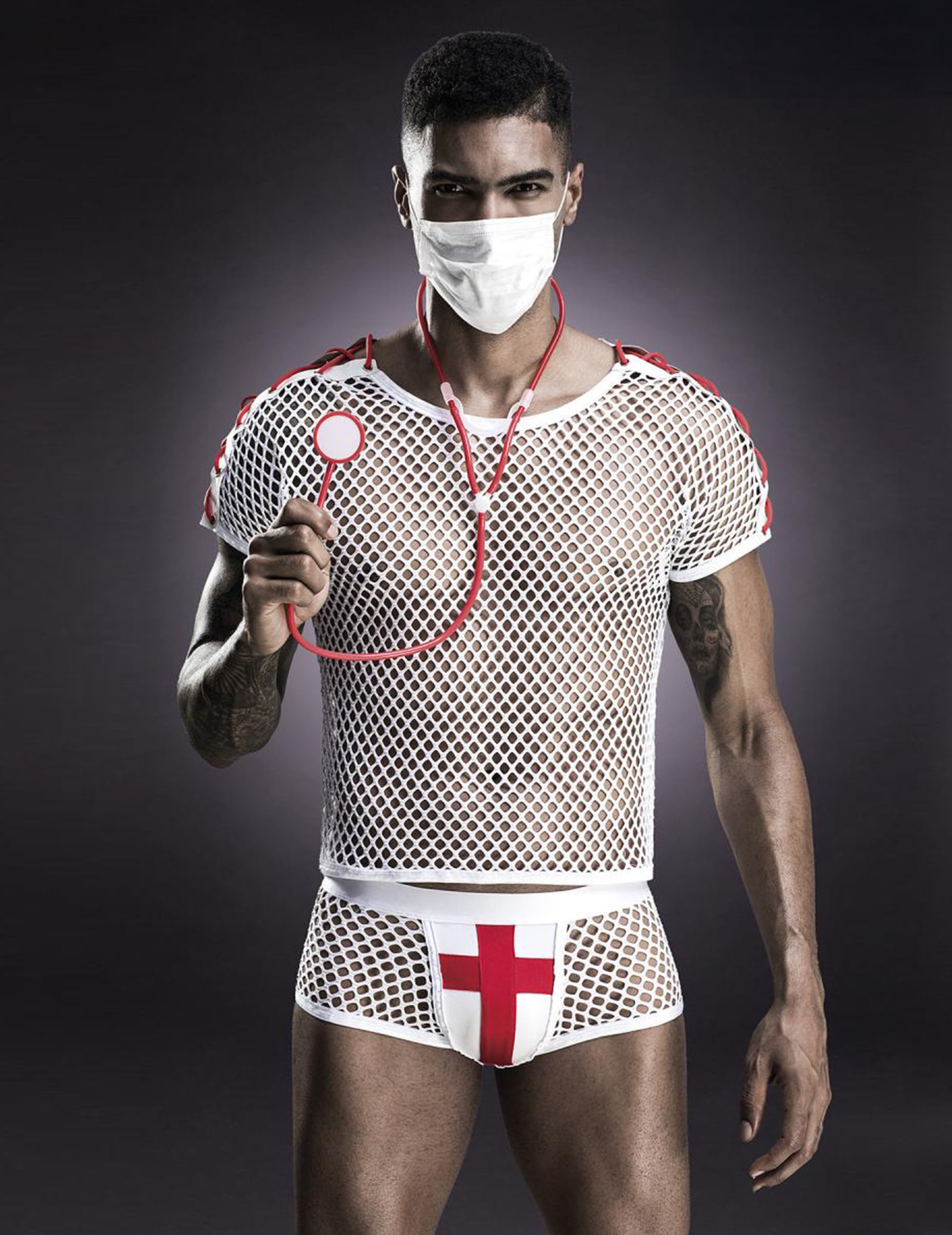Vue de face avec masque et stéthoscope du déguisement de docteur sexy luxe pour homme