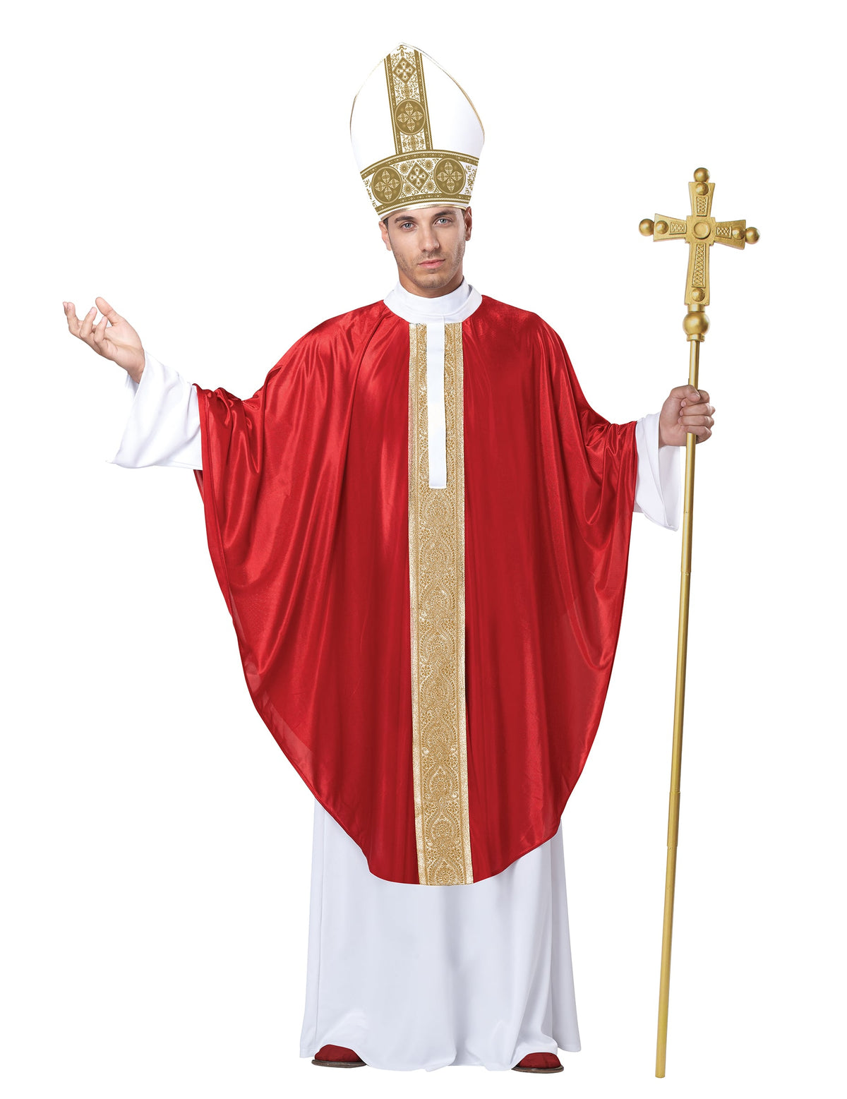 Déguisement de Pape pour homme rouge et blanc avec ornements dorés