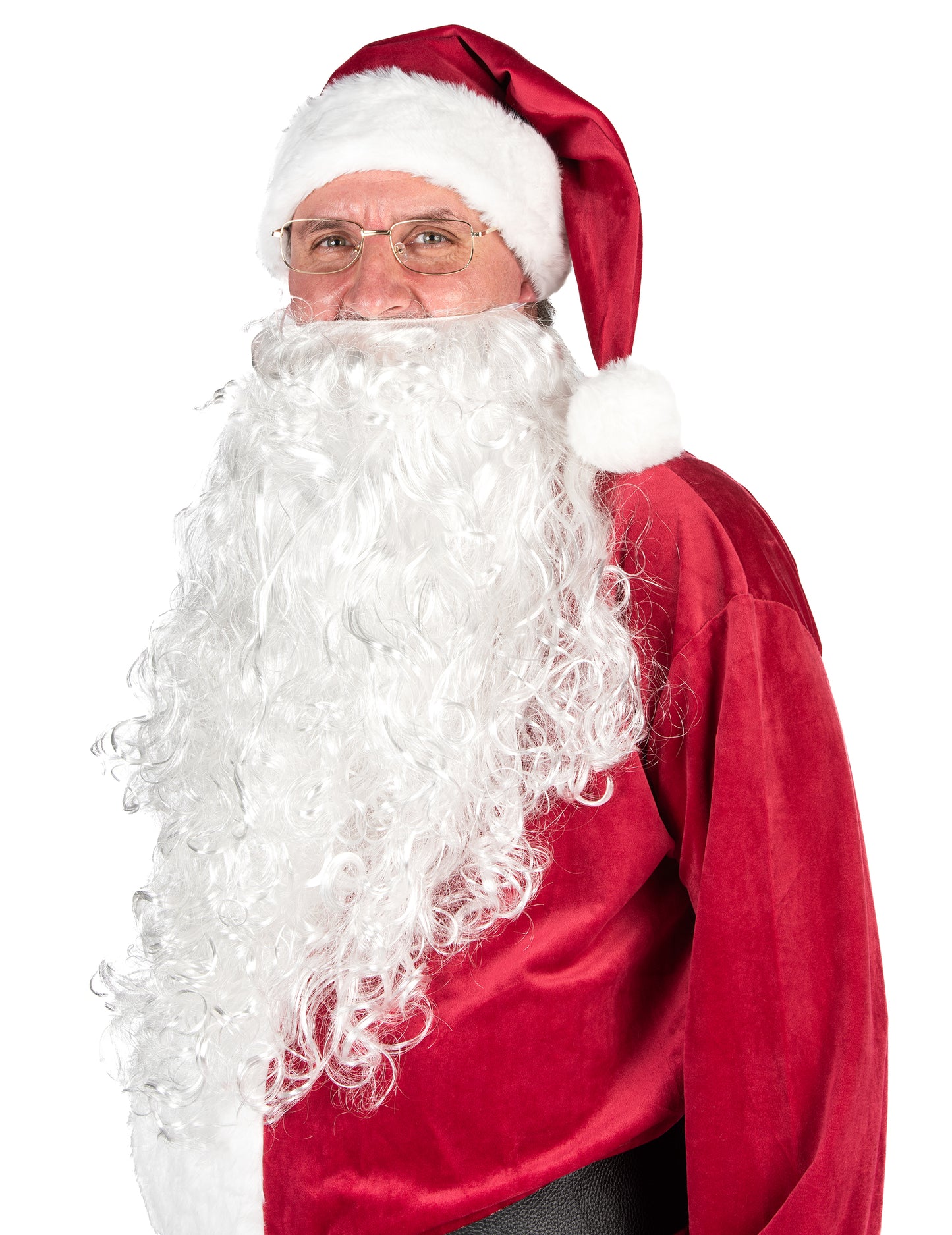 Gros plan sur la barbe et le bonnet du déguisement de Père Noël