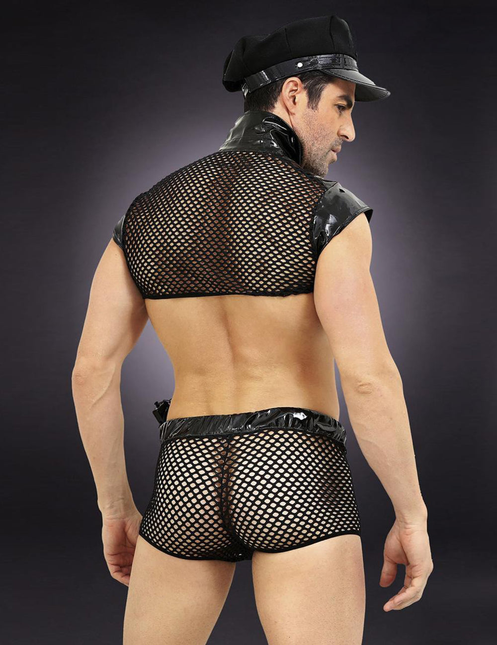 Vue de dos de la tenue en résille du déguisement de policier sexy luxe pour homme