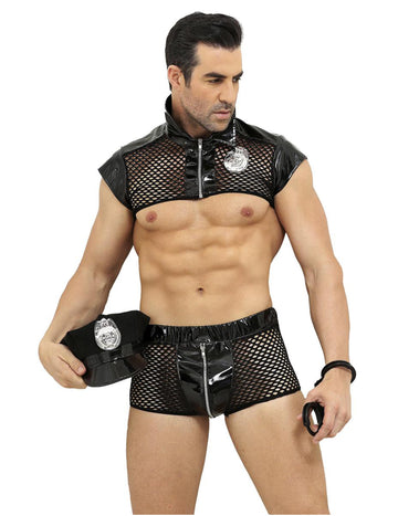 Déguisement de policier sexy luxe pour homme noir en résille et vinyle