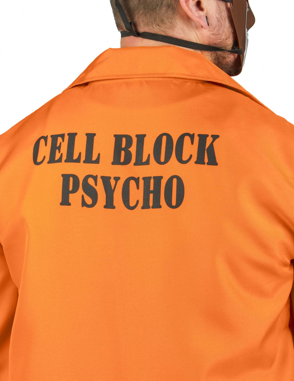 Hátulnézet a Cell Block Psycho felirattal a kannibál rabjelmezről