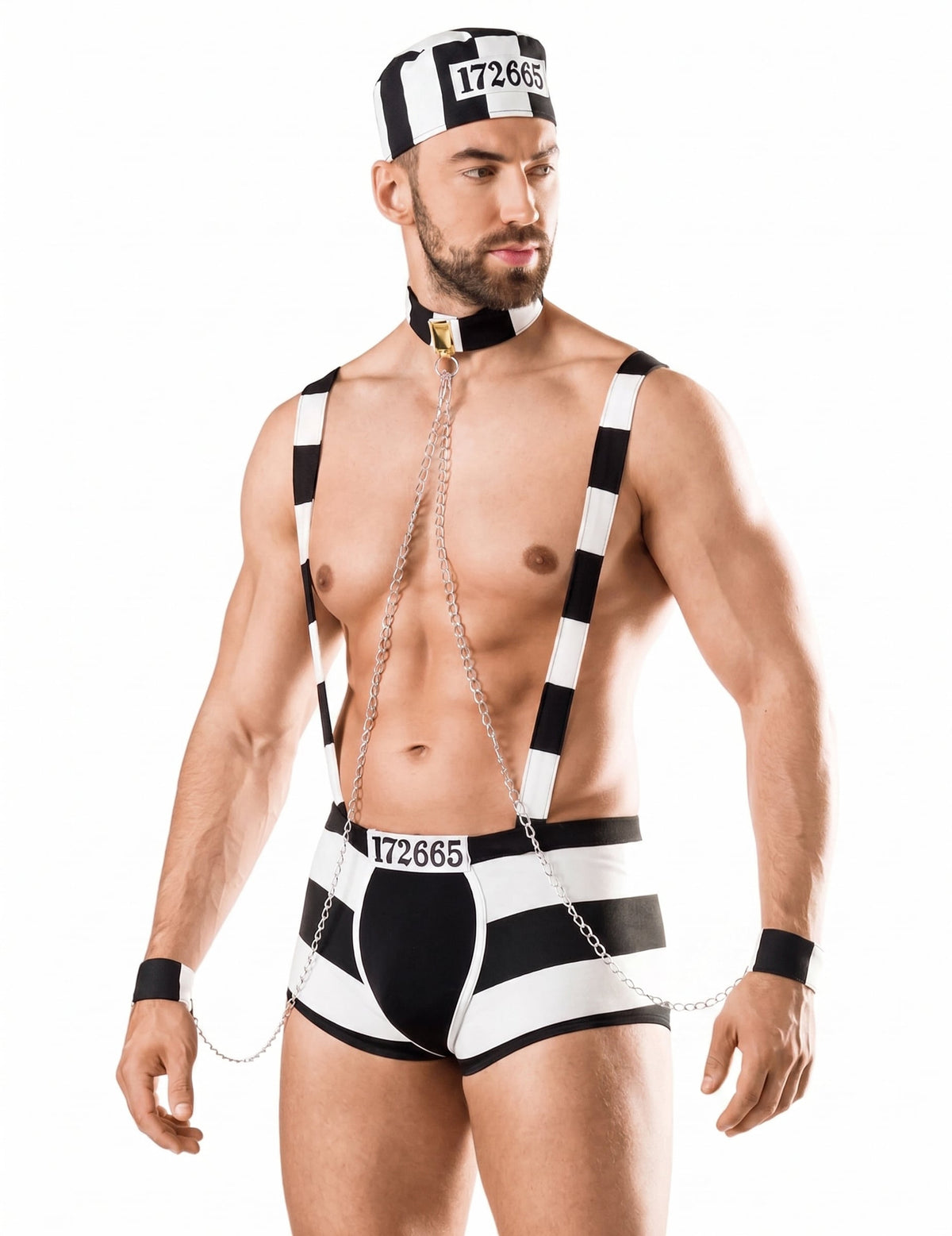 Déguisement de prisonnier sexy luxe pour homme rayé noir et blanc avec chaînes