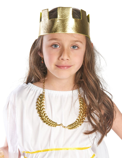 Közelkép az Athéné istennő jelmez koronájáról és nyakláncáról