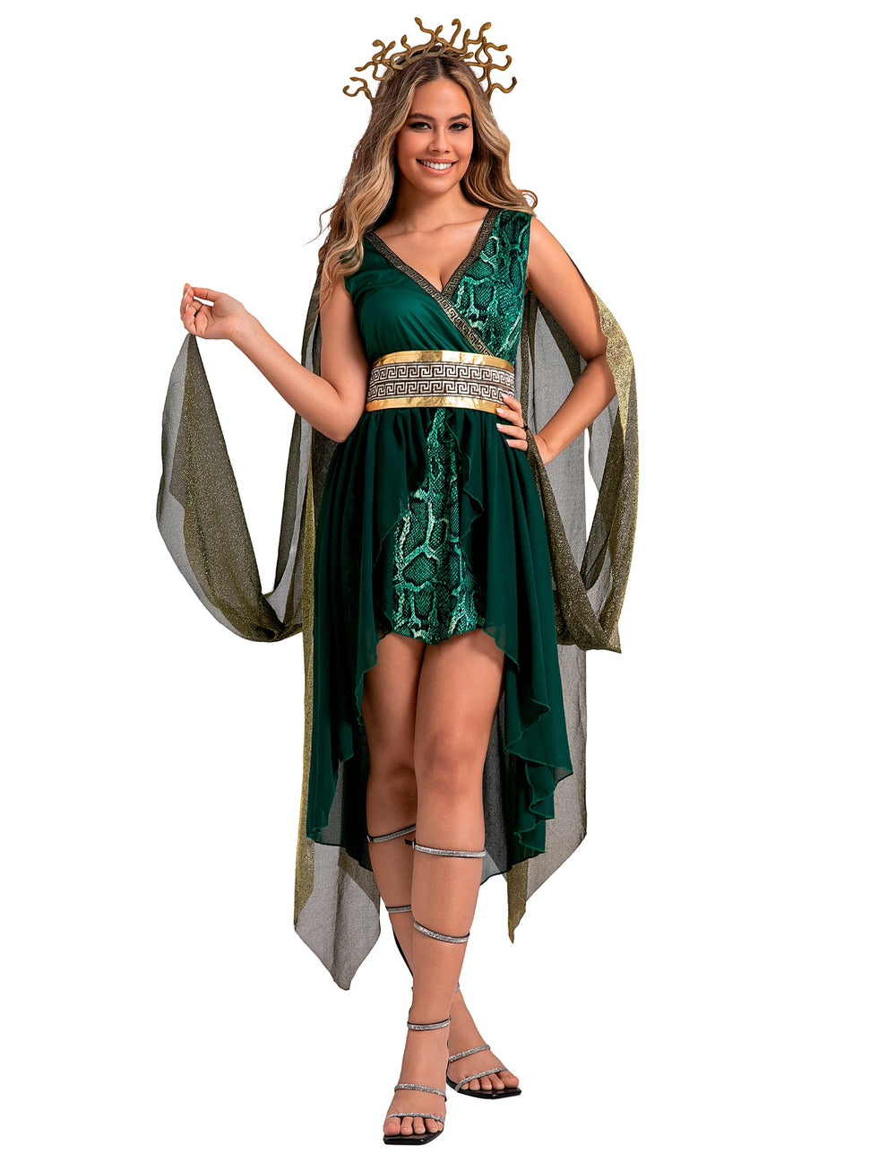 Déguisement déesse Médusa pour femme vert et doré avec serre-tête serpents