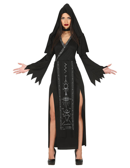 Déguisement démon satanique pour femme noir avec symboles occultes et capuche