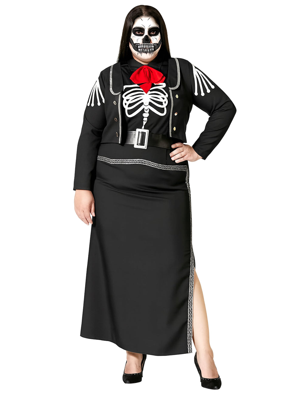 Déguisement Dia de los muertos pour femme grande taille noir avec squelette et nœud rouge