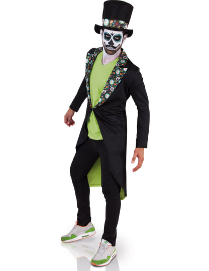 Déguisement Dia de los muertos pour homme noir et vert avec motifs et chapeau haut-de-forme