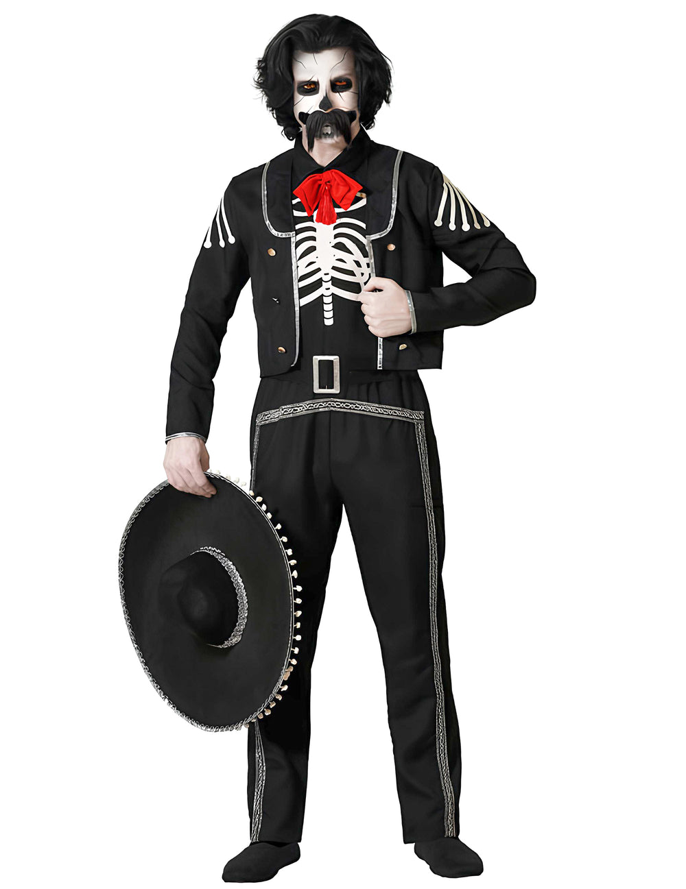 Déguisement Dia de los muertos pour homme noir avec motifs squelette et sombrero