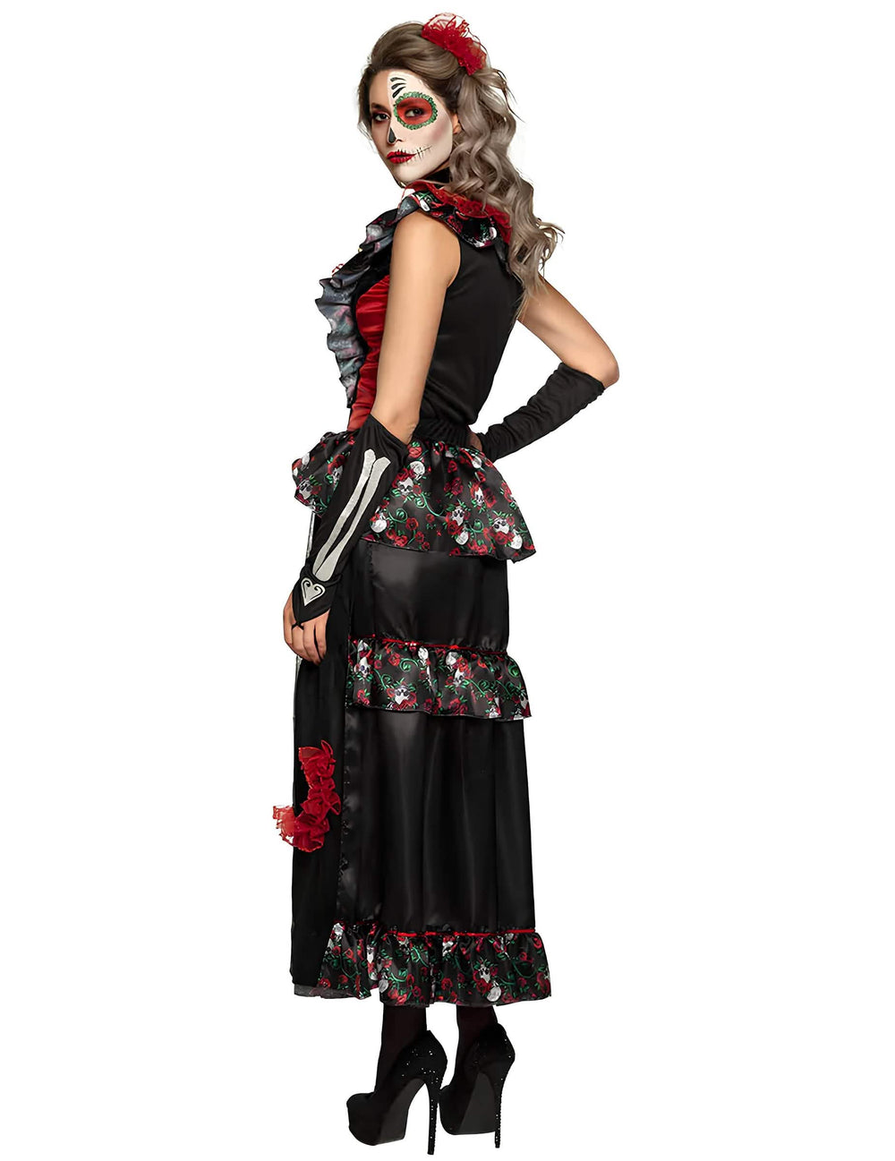 Hátulnézet a női dia de los muertos jelmezről