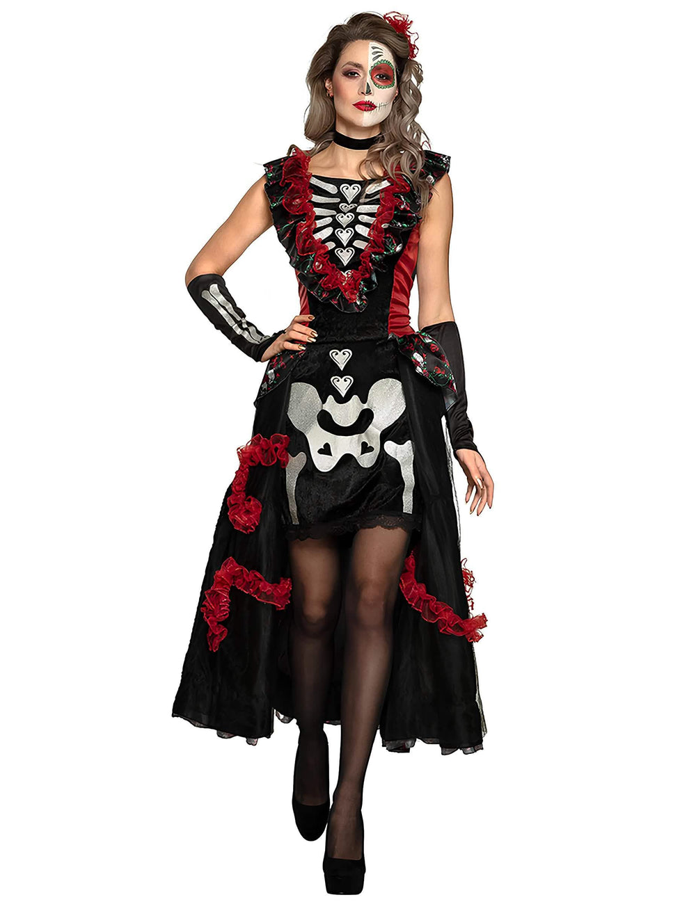 női dia de los muertos jelmez fekete és piros színben alsószoknyával