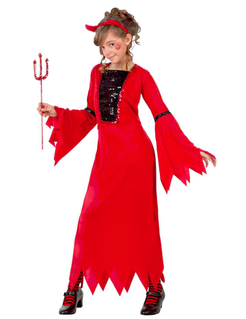 Déguisement de diablesse à paillettes pour enfant rouge et noir avec cornes et trident