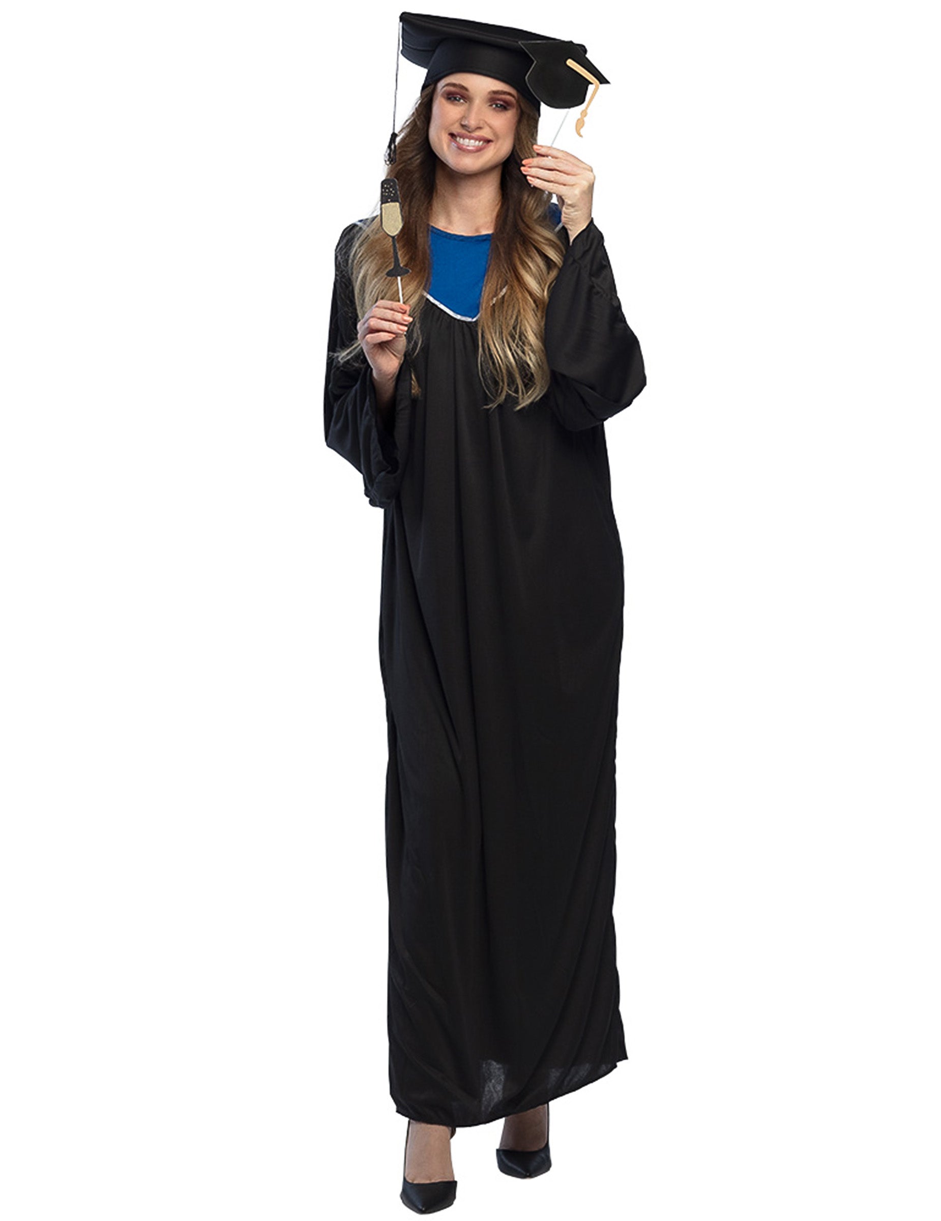 Déguisement de diplômé pour adulte noir avec chapeau et col bleu