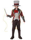 Déguisement directeur de cirque sinistre pour enfant bordeaux et noir avec chapeau haut-de-forme et fouet