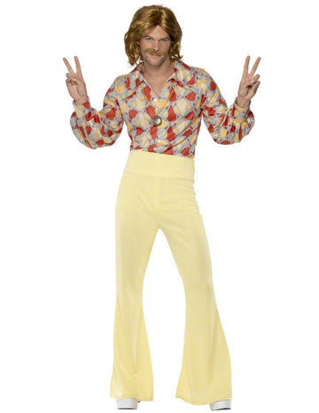 Déguisement disco années 70 pour homme jaune avec chemise à motifs