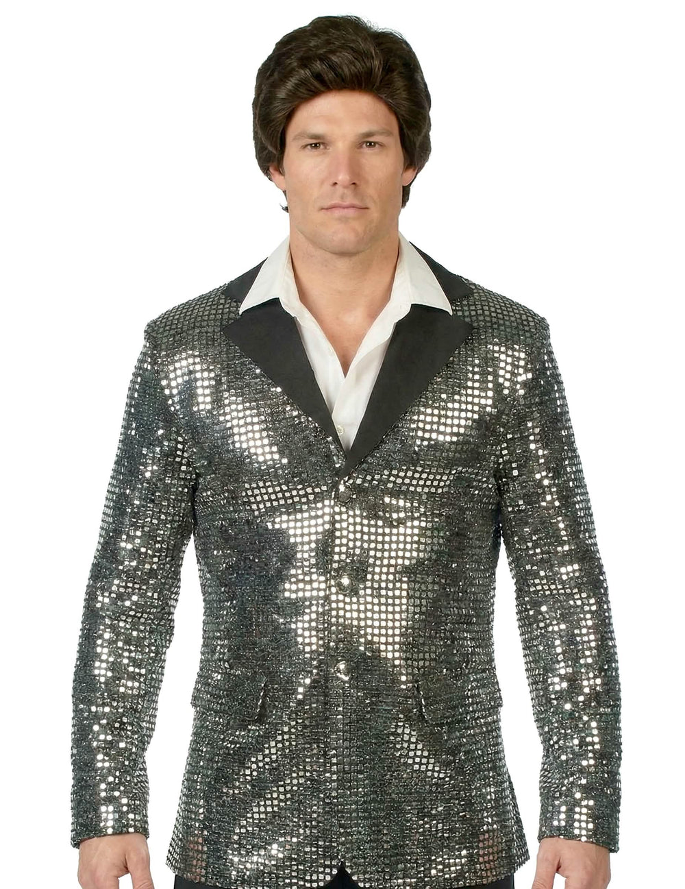 Gros plan sur la veste à paillettes argentées du déguisement disco pour homme