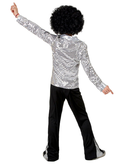 Vue de dos du déguisement disco pour garçon argent à sequins