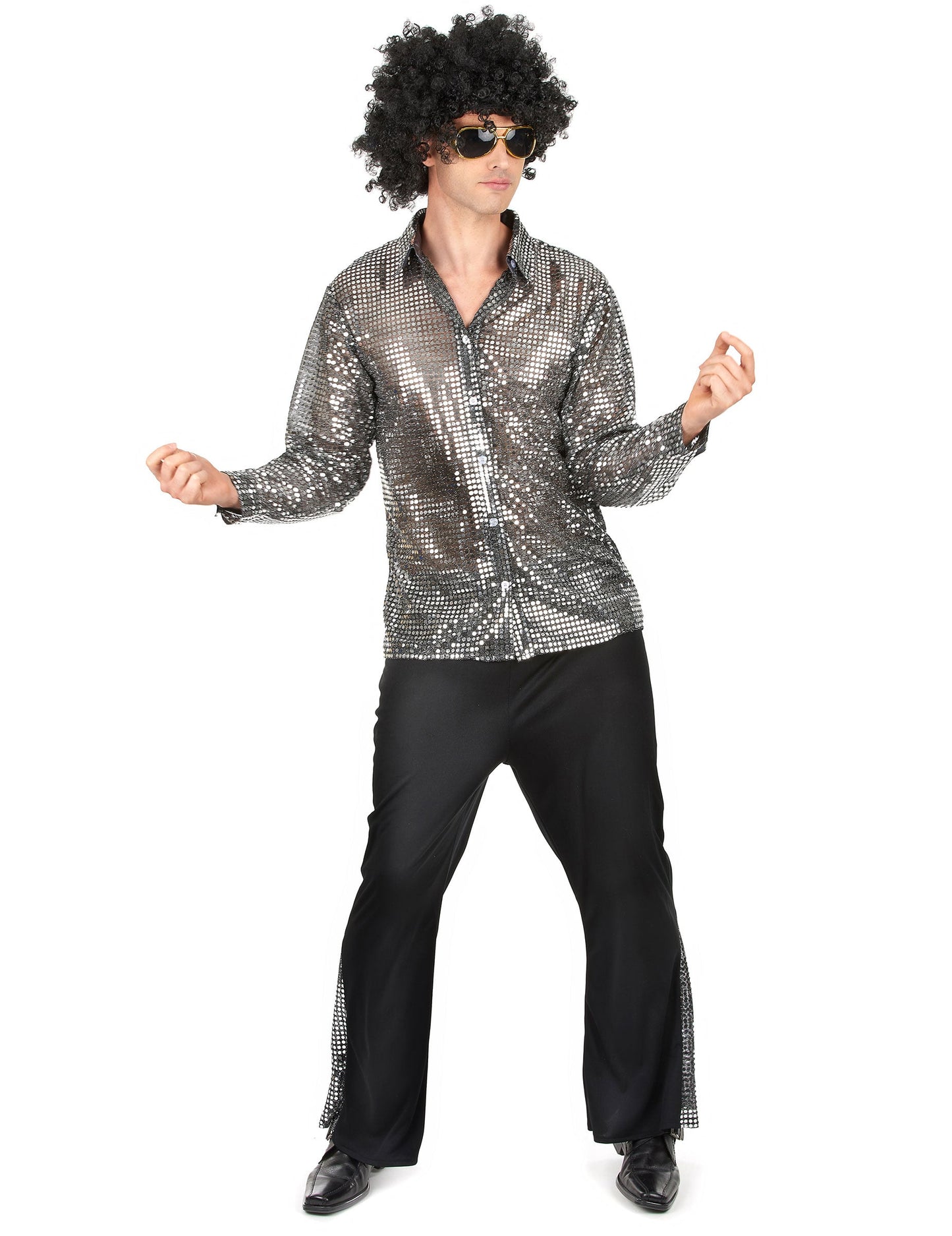 Déguisement disco pour homme argenté avec chemise brillante et pantalon noir