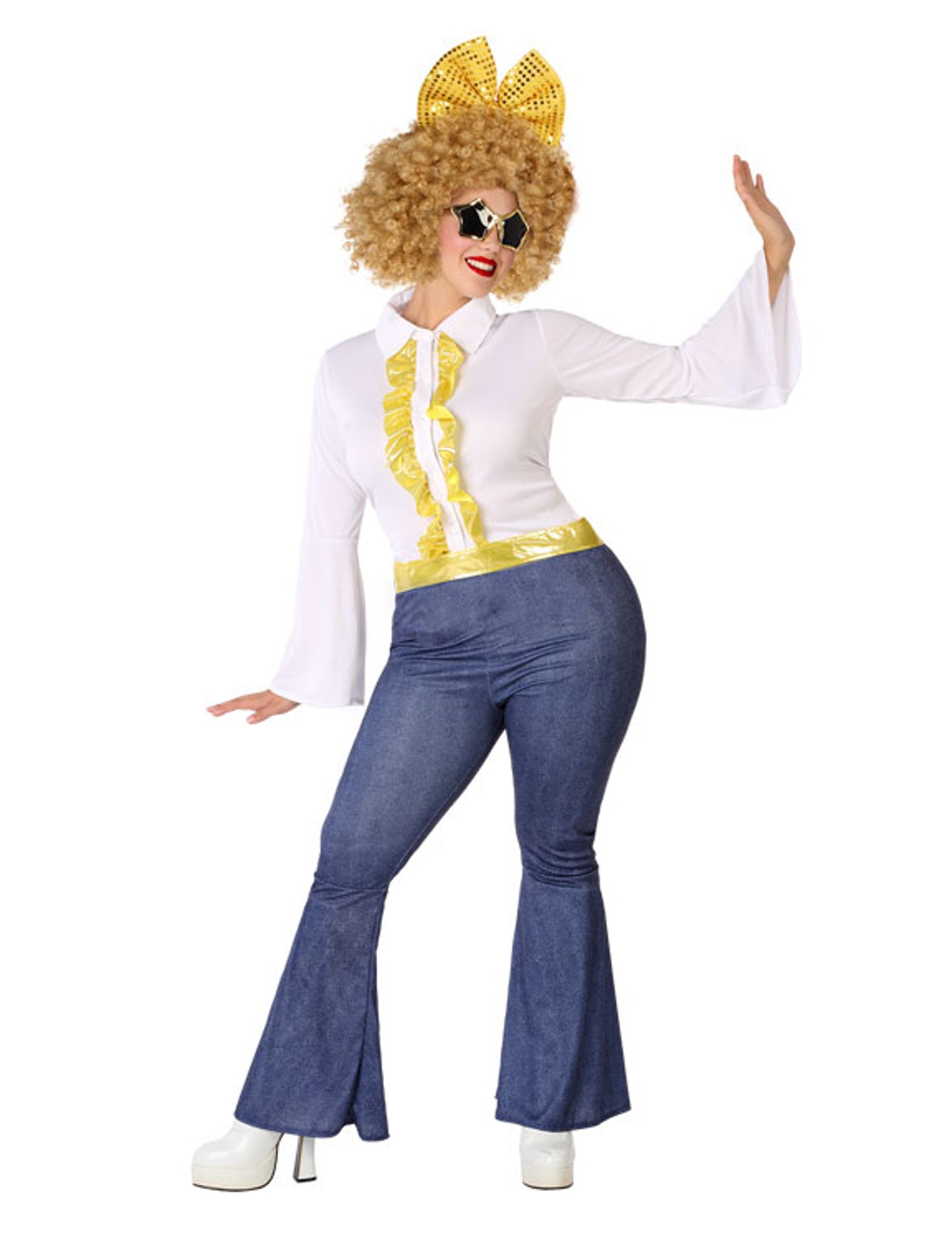 Női nagy méretű diszkó jelmez farmerhatású és arany színben 