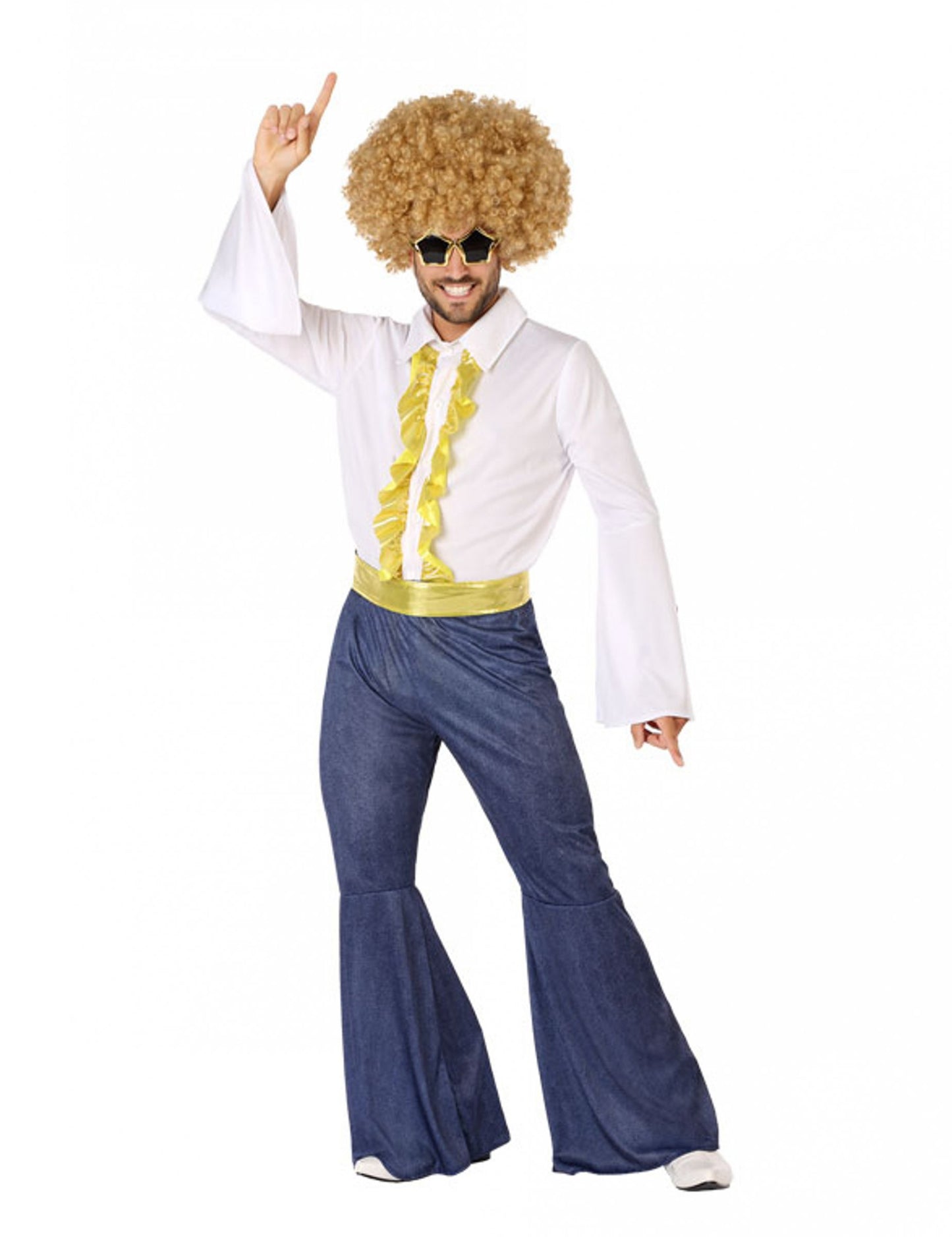 Férfi diszkó jelmez farmerhatású és arany színben 