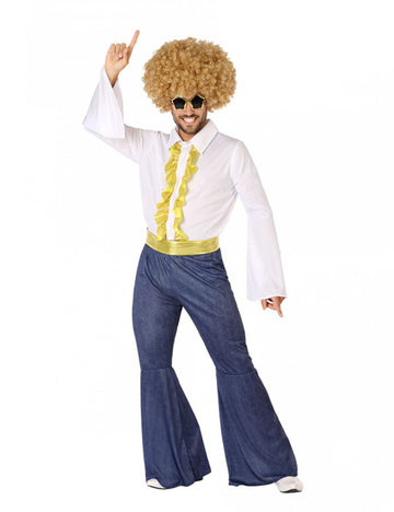 Férfi diszkó jelmez farmerhatású és arany színben 