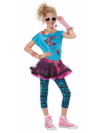 80-as évek diszkó női jelmez kék és rózsaszín, tüllszoknyával és mintás legginggel