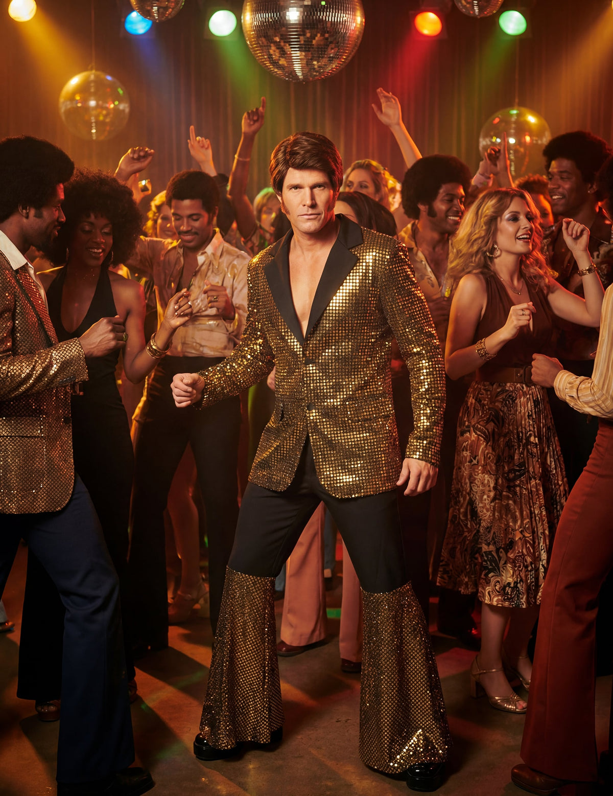 Mise en situation en soirée du déguisement disco pour homme