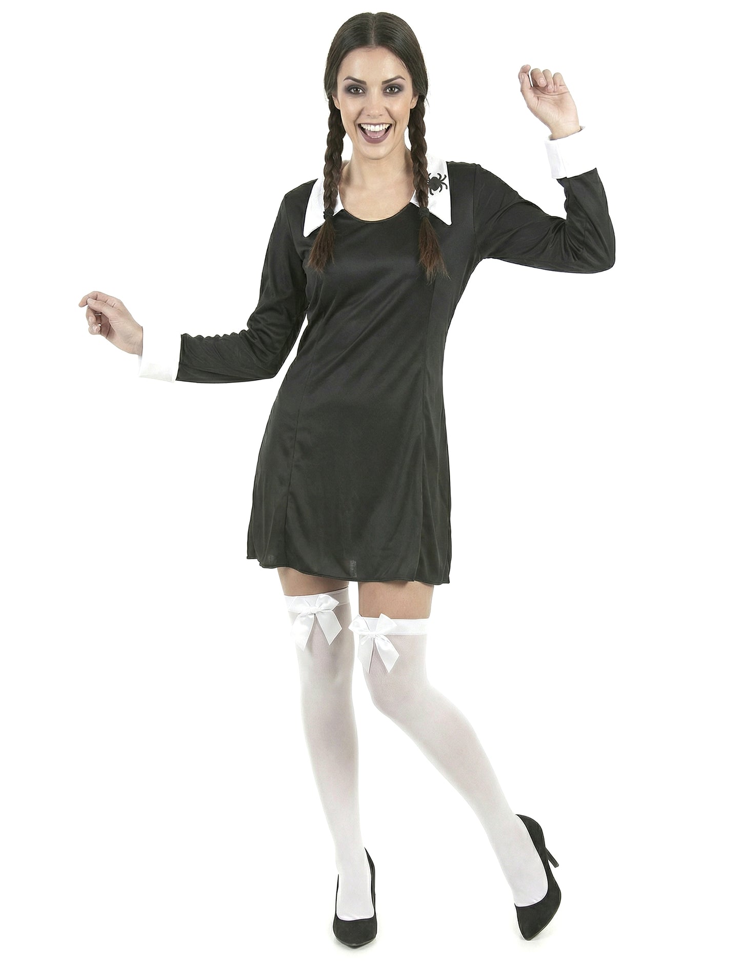 Elölnézet fehér masnis harisnyával az iskoláslány Halloween jelmezről