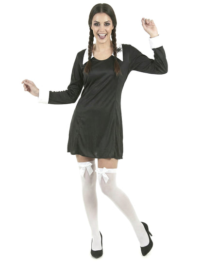 Elölnézet fehér masnis harisnyával az iskoláslány Halloween jelmezről