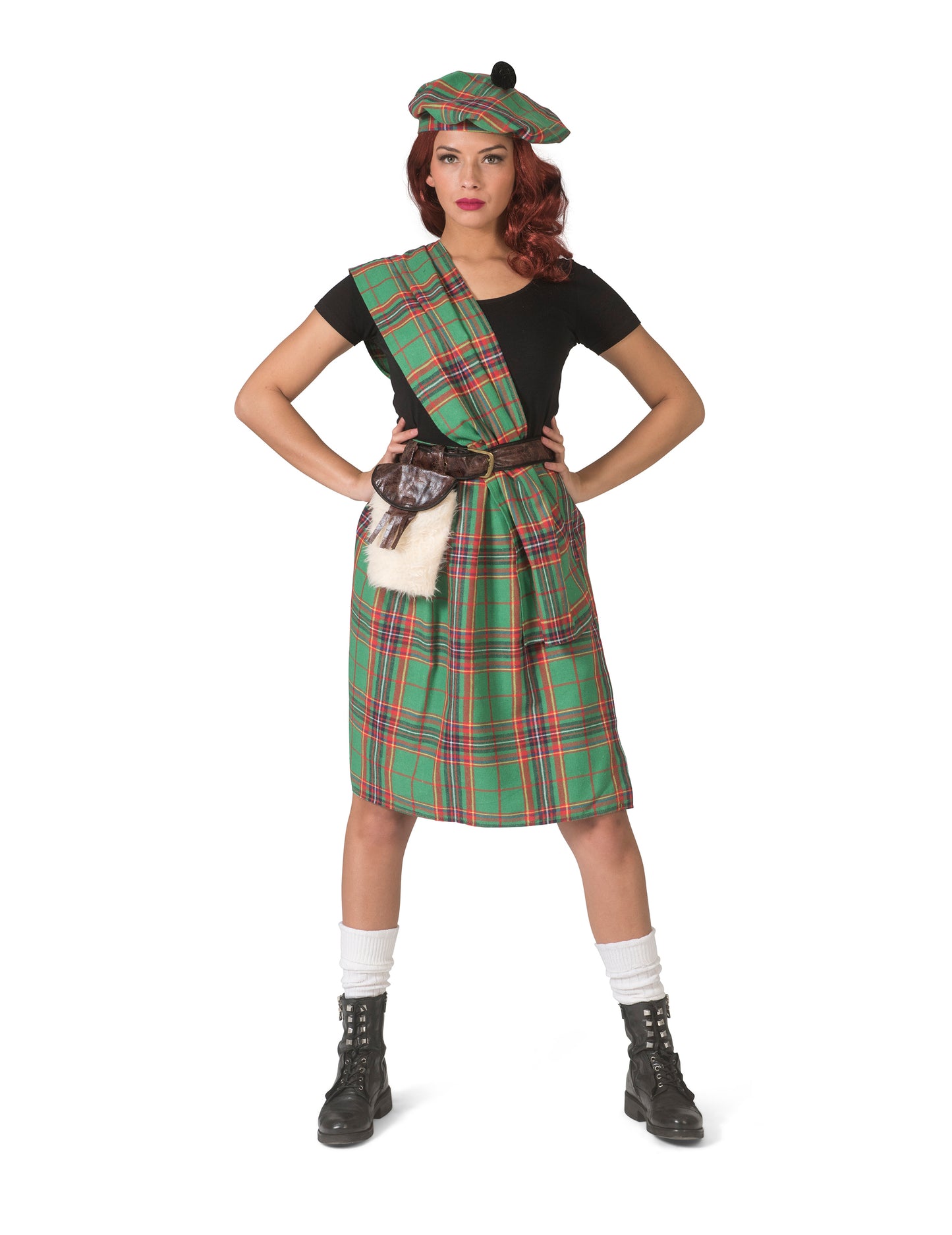 Déguisement d'écossaise pour femme verte avec kilt et béret à carreaux