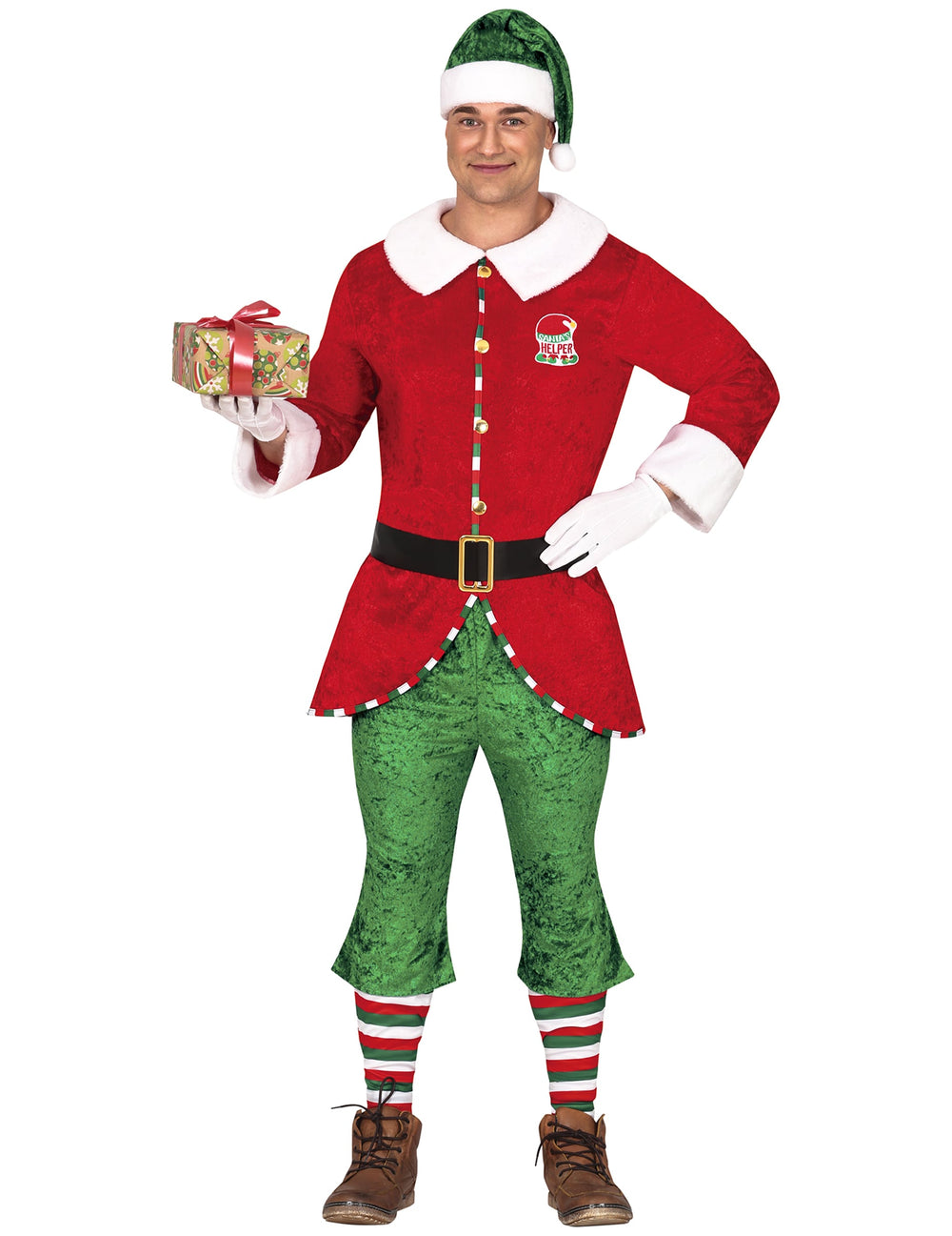 Déguisement elfe de Noël pour homme rouge et vert avec bonnet