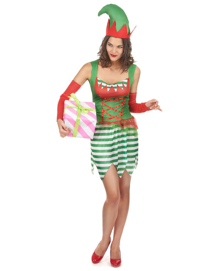 Zöld és piros női manó jelmez csíkos szoknyával és sapkával