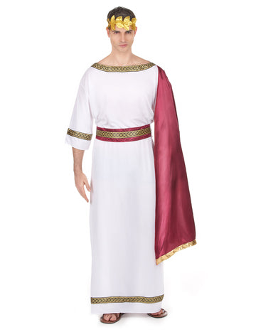 Déguisement d'empereur grec pour homme blanc et bordeaux avec couronne dorée