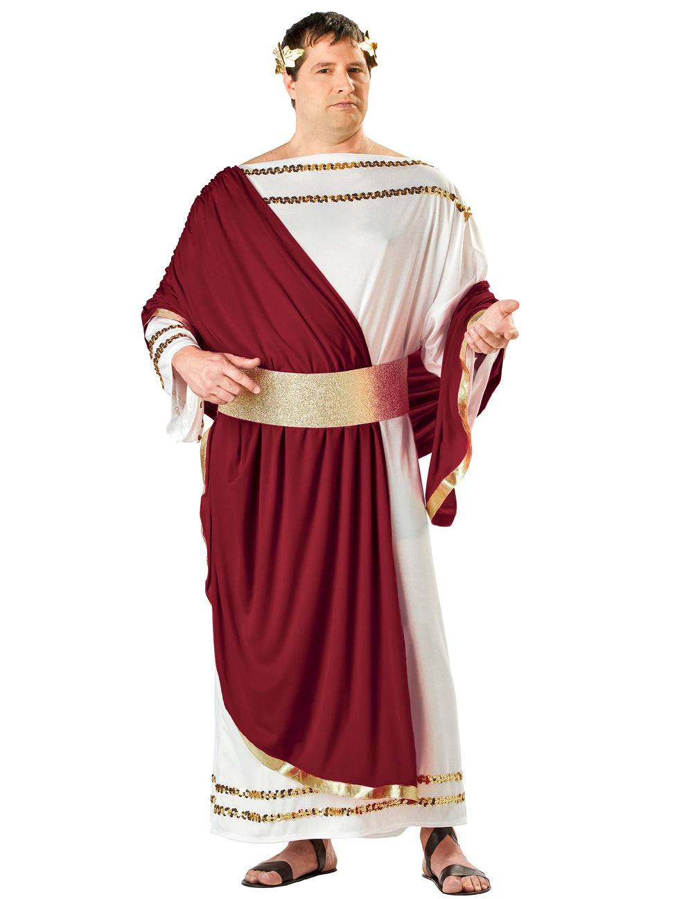 Déguisement empereur romain pour homme blanc et bordeaux avec ceinture dorée