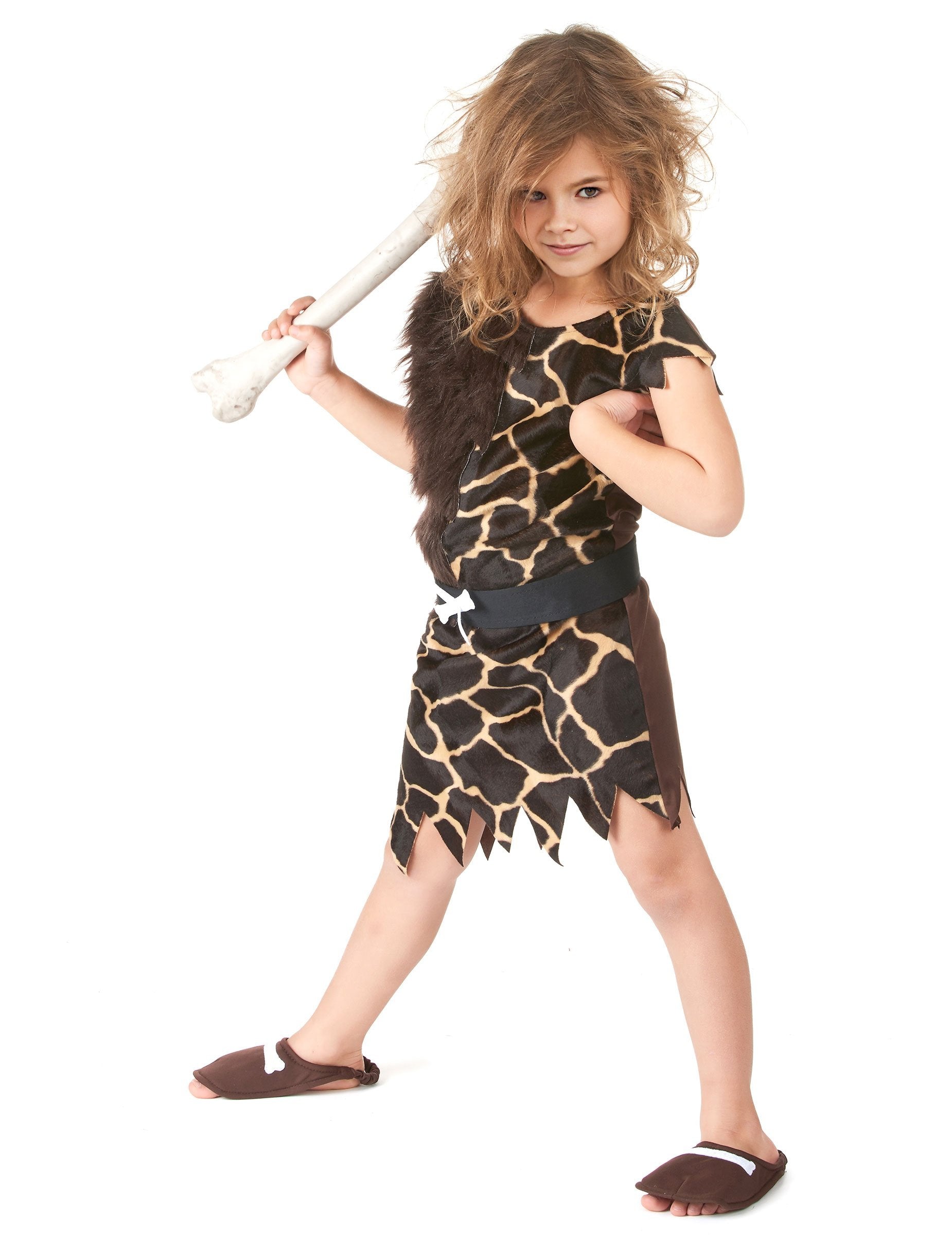 Vue de face avec l'accessoire os du déguisement des cavernes pour enfant