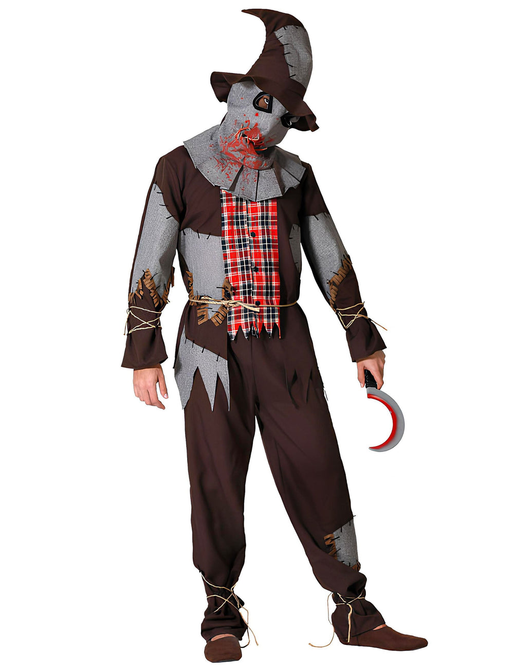 Déguisement d'épouvantail ensanglanté pour adulte marron et gris avec masque et chapeau