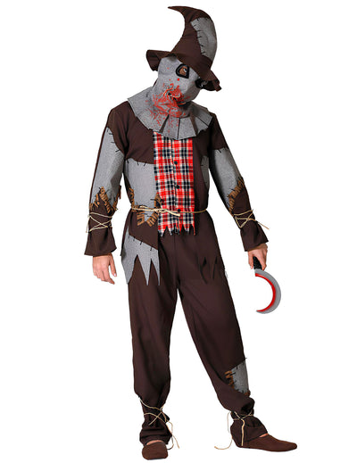 Déguisement d'épouvantail ensanglanté pour adulte marron et gris avec masque et chapeau