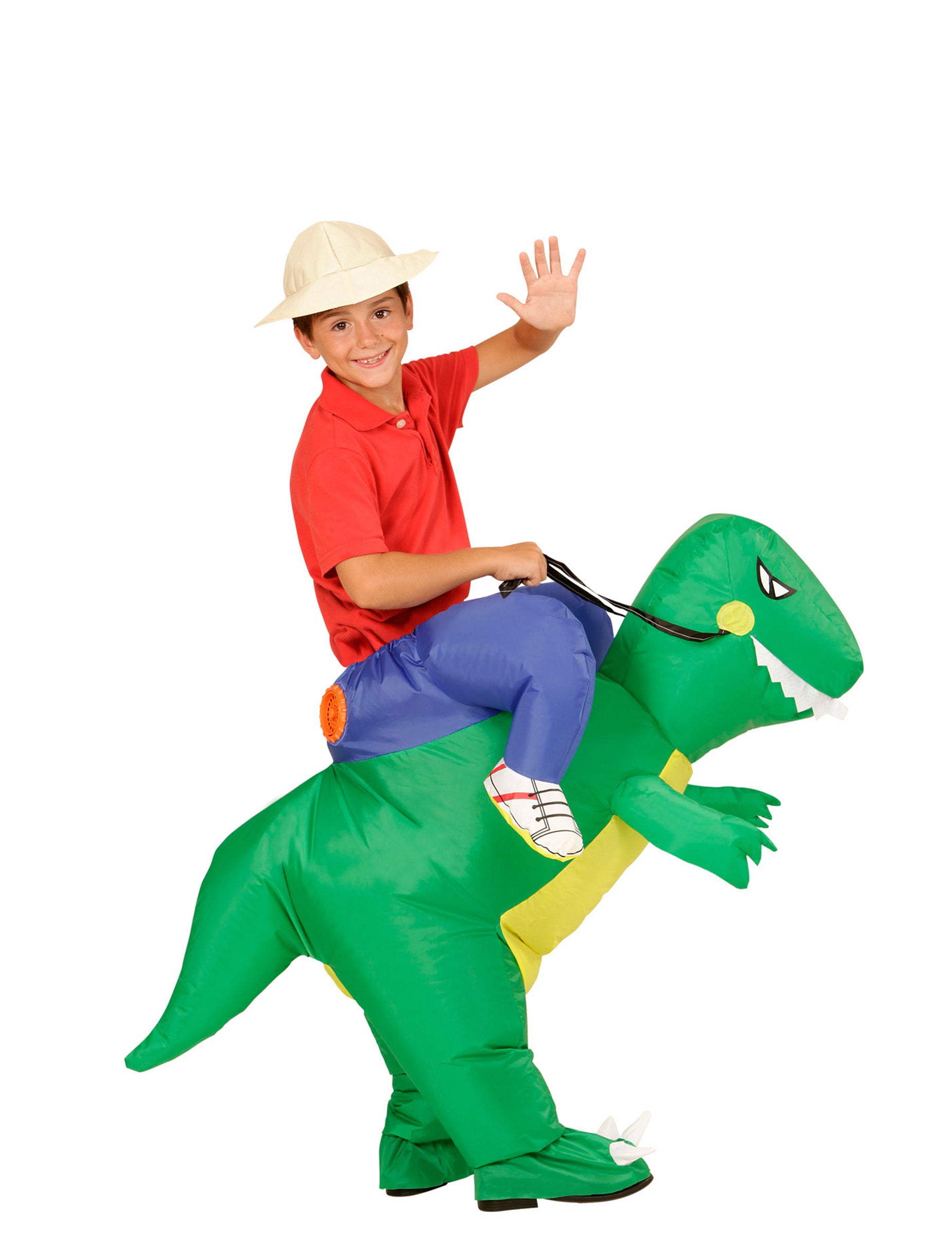 Vue de profil du déguisement explorateur à dos de dinosaure pour enfant