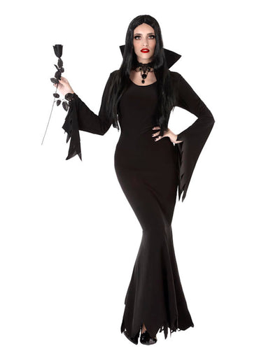 Déguisement famille morbide pour femme noir avec robe longue et manches évasées