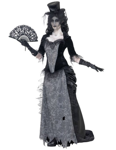 Déguisement fantôme années 20 pour femme noir et gris avec chapeau haut-de-forme