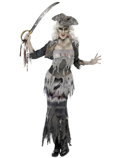 Déguisement fantôme pirate effrayant pour femme gris et noir avec chapeau