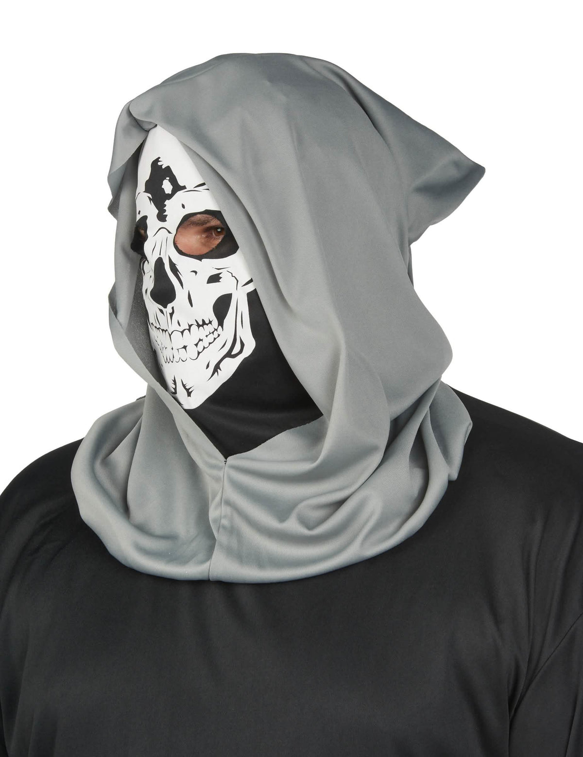 Vue de profil de la capuche et du masque du déguisement de faucheuse terrifiant