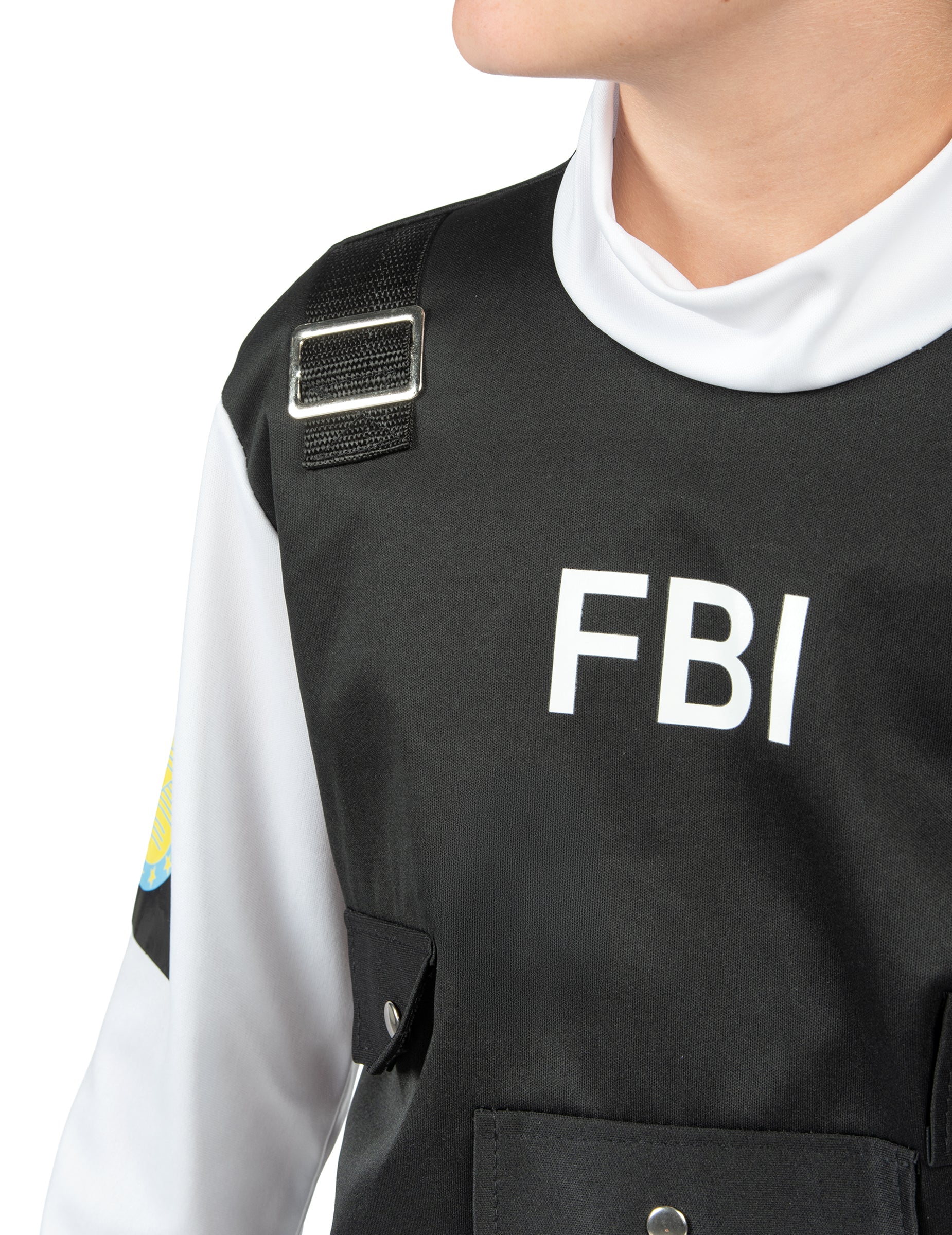 Détail de l'inscription FBI sur le gilet du déguisement FBI pour enfant
