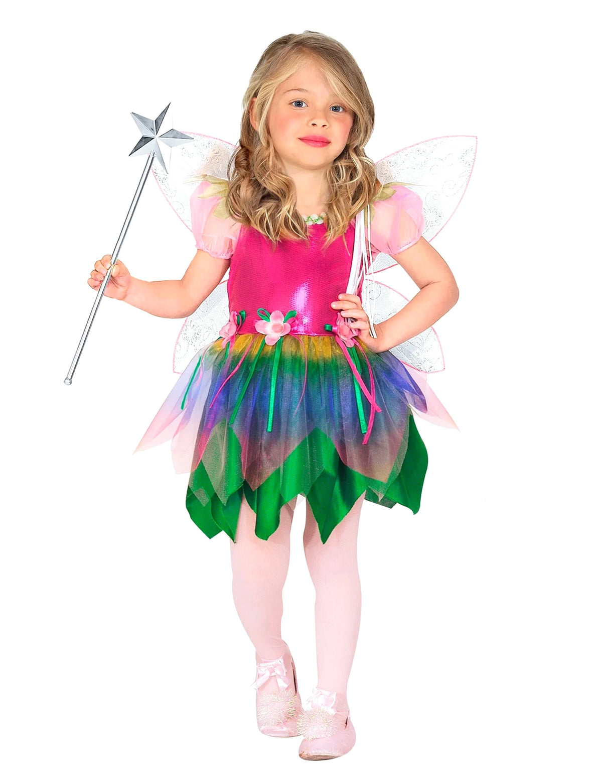 Déguisement de fée libellule pour fille rose et vert avec jupon multicolore et ailes